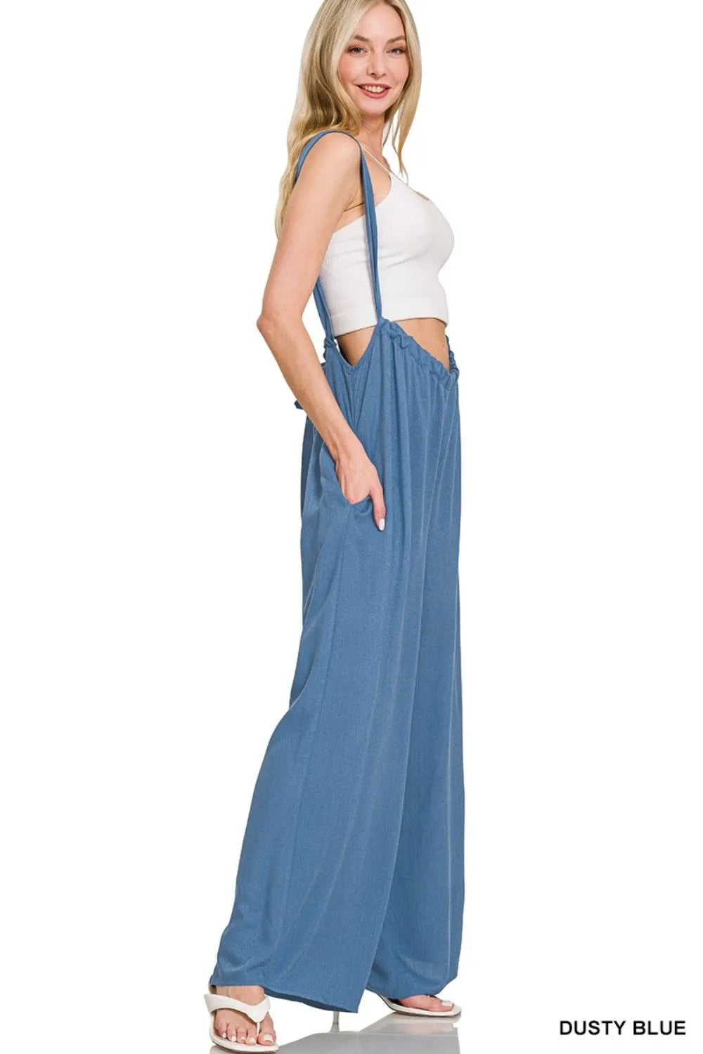 Zenana Woven Tie Back Suspender Jumpsuit