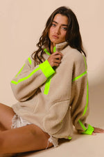 BiBi Contrast Edge Half Zip Up Sherpa Jacket