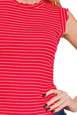 Zenana Ribbed Ruffle Trim Sleeveless Stripe Top