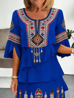 Full Size Printed Notched Ruffled Half Sleeve Dress Plus Size
