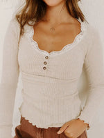 Lace Neckline Button Decor Lettuce Edge Long Sleeve Ribbed Top