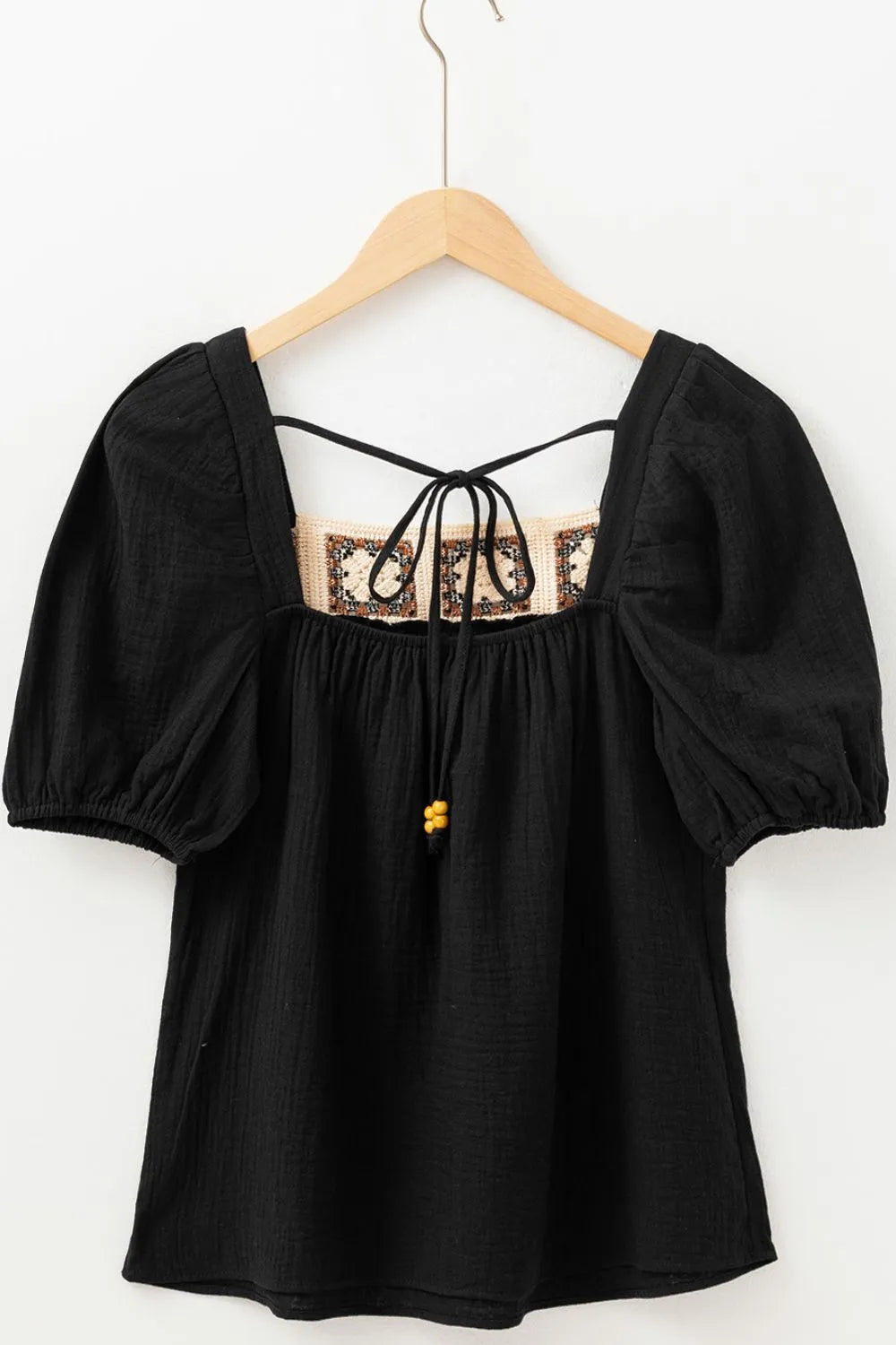 Flower Crochet Square Neck Puff Sleeve Blouse