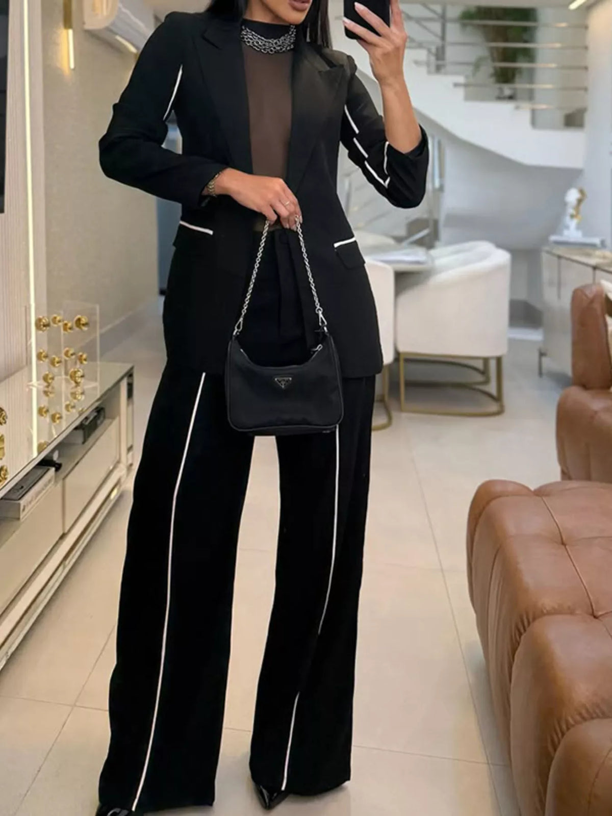Contrast Trim Blazer & Wide Leg Pants Set