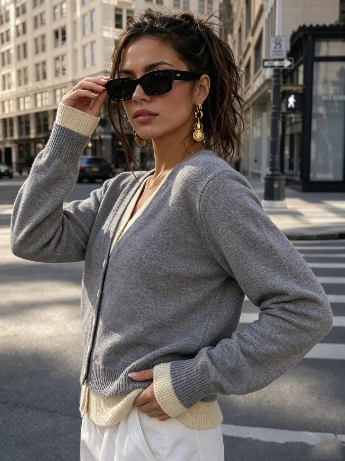 V-Neck Button-Down Contrast Layered Cardigan