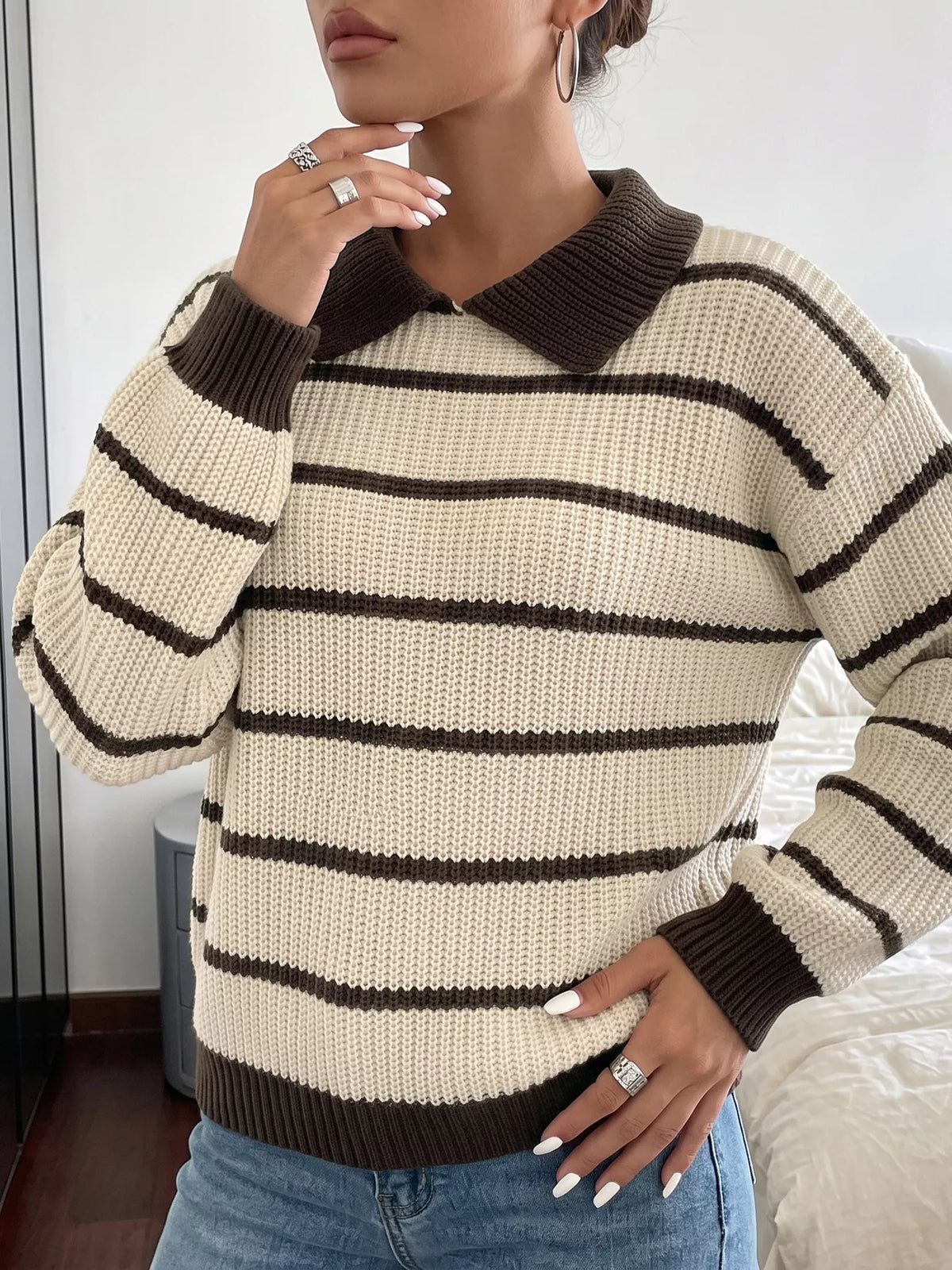 Striped Knit Polo Sweater