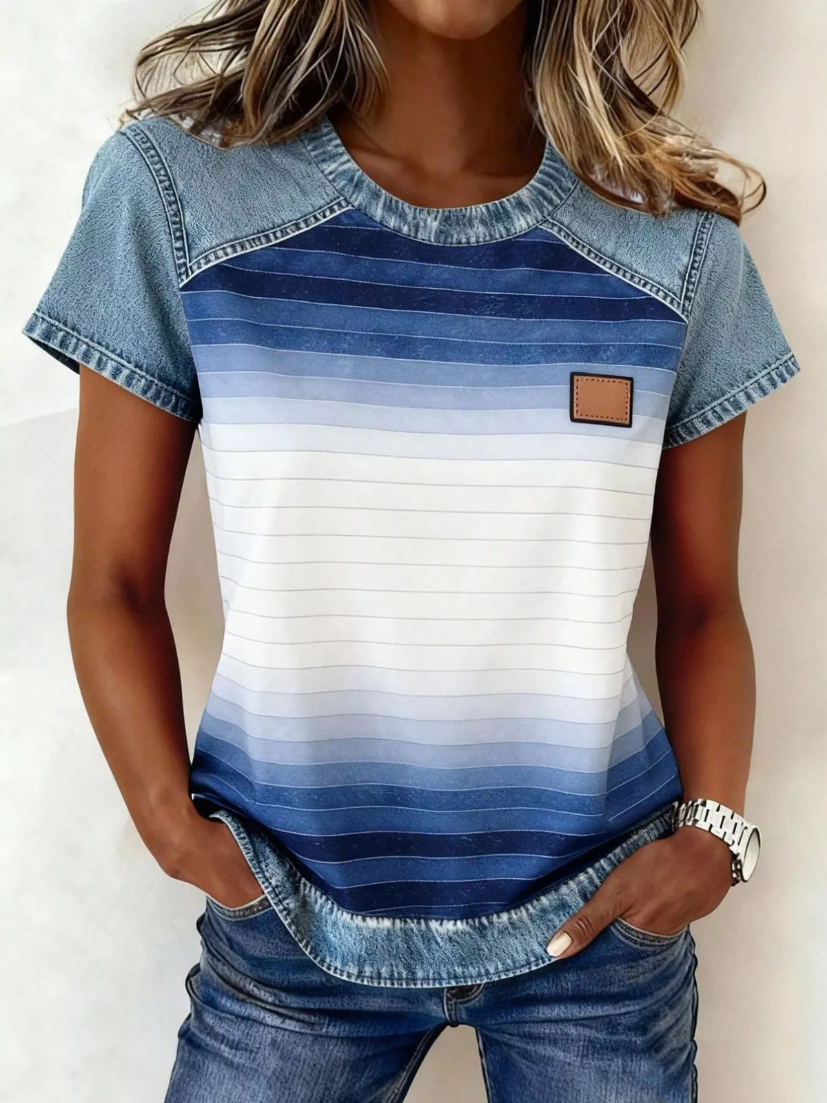 Denim Patchwork Short Sleeve Blouse