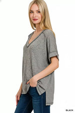 Zenana Full Size Soft Melange Hacci V-Neck Short Sleeve Hi-low Tee Plus Size