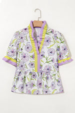 Floral Print Flounce Sleeve Peplum Blouse