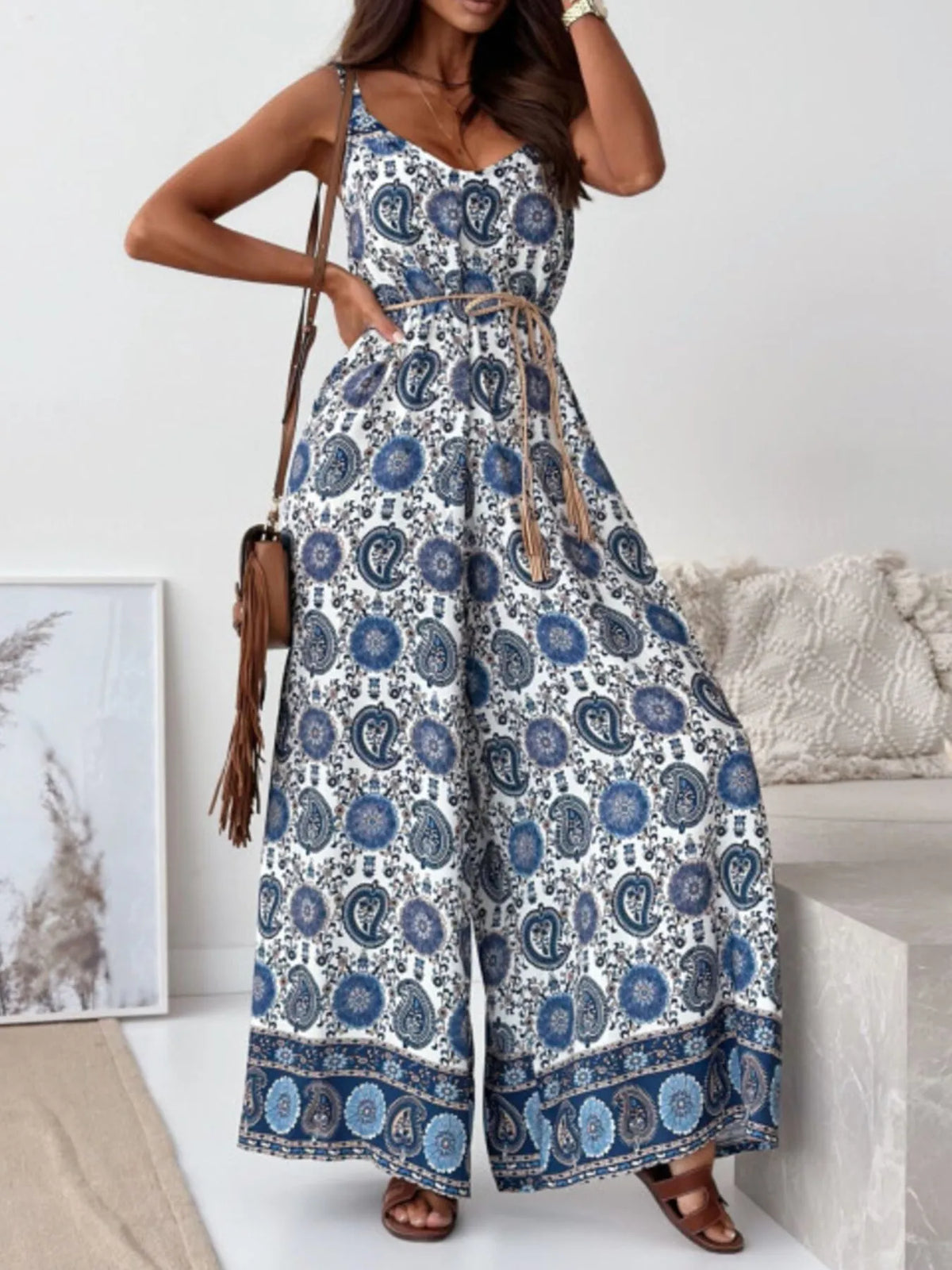 Paisley Print Spaghetti Strap Wide Leg Jumpsuit
