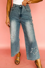 Star Embroidered High Waist Wide Leg Jeans