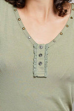 POL Studded Trim Button-Front Ruffle Detail Tank