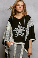 POL Floral Star Patch Hooded Blouse with Lace Contrast Detail