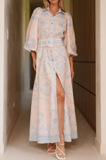 Printed Balloon Sleeve Maxi Shirt Dress