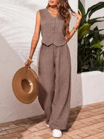 Button-Down Vest & Wide Leg Pants Set