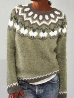 Full Size Vintage Patterned Round Neck Sweater Plus Size