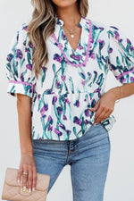 Floral Ricrac Trim Half Sleeve Peplum Top