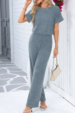 Ribbed Short Sleeve Wide Leg Jumpsuit