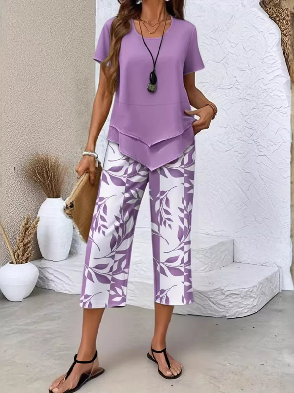 Layered Top and Leaf Print Cropped Pants Set