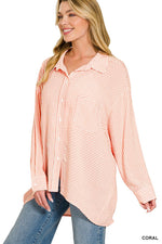 Zenana Woven Stripe Button Down Shirt