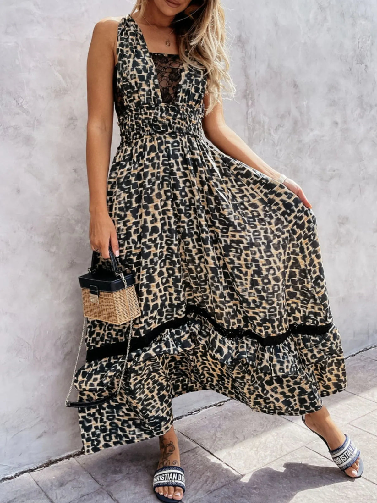 Leopard Print Sleeveless Maxi Dress with Lace Trim