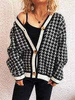 Houndstooth Pattern V-Neck Button-Up Cardigan