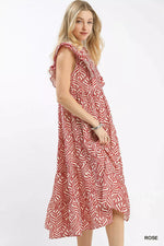 Umgee Leaf Print Tiered Midi Dress with Ruffle Detail