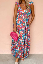 Floral Ruffled Strap V Neck Maxi Dress