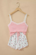 Ribbed Knit Lace Straps Patchwork Lettuce Hem Cropped Top Floral Short Lounge Set