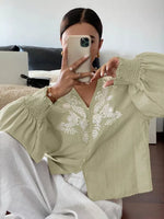 Embroidered Notched Long Sleeve Blouse