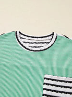 Twisted Ribbed Contrast Round Neck Striped Patchwork Long Sleeve Top
