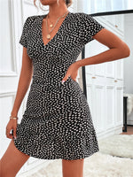 Printed Ruffled Hem V-Neck Short Sleeve Mini Dress