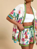 Printed Open Front Cardigan and Shorts Set