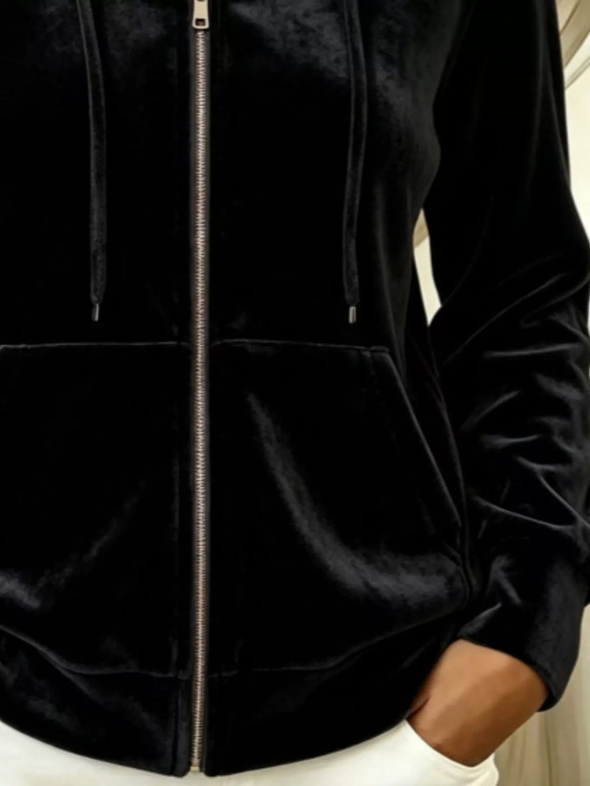 Full Size Velvet Zip-Up Outerwear with Drawstring Plus Size