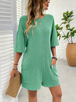 Backless Textured Round Neck Half Sleeve Romper
