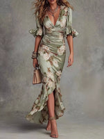 Floral Ruched High-Low Midi Dress