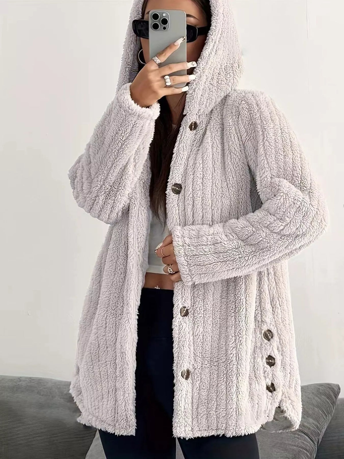 Full Size Fleece Button Up Hooded Outerwear Plus Size