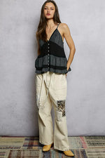 POL Button Front V-Neck Ruffled Cami with Pintuck Accents