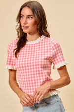 SO ME Gingham Knit Ruffled Short Sleeves Sweater Top