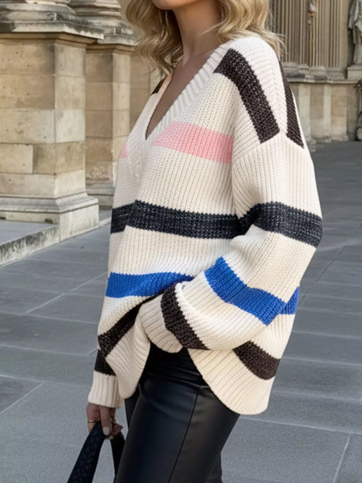 Striped V-Neck Oversized Sweater
