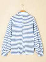 Stripe Half Button Collared Chest Pockets Loose Fit Blouse