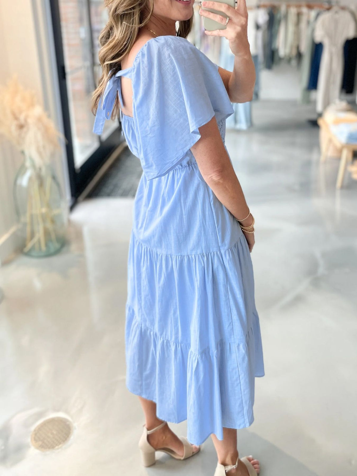 Lace Short Sleeve Tiered Midi Dress
