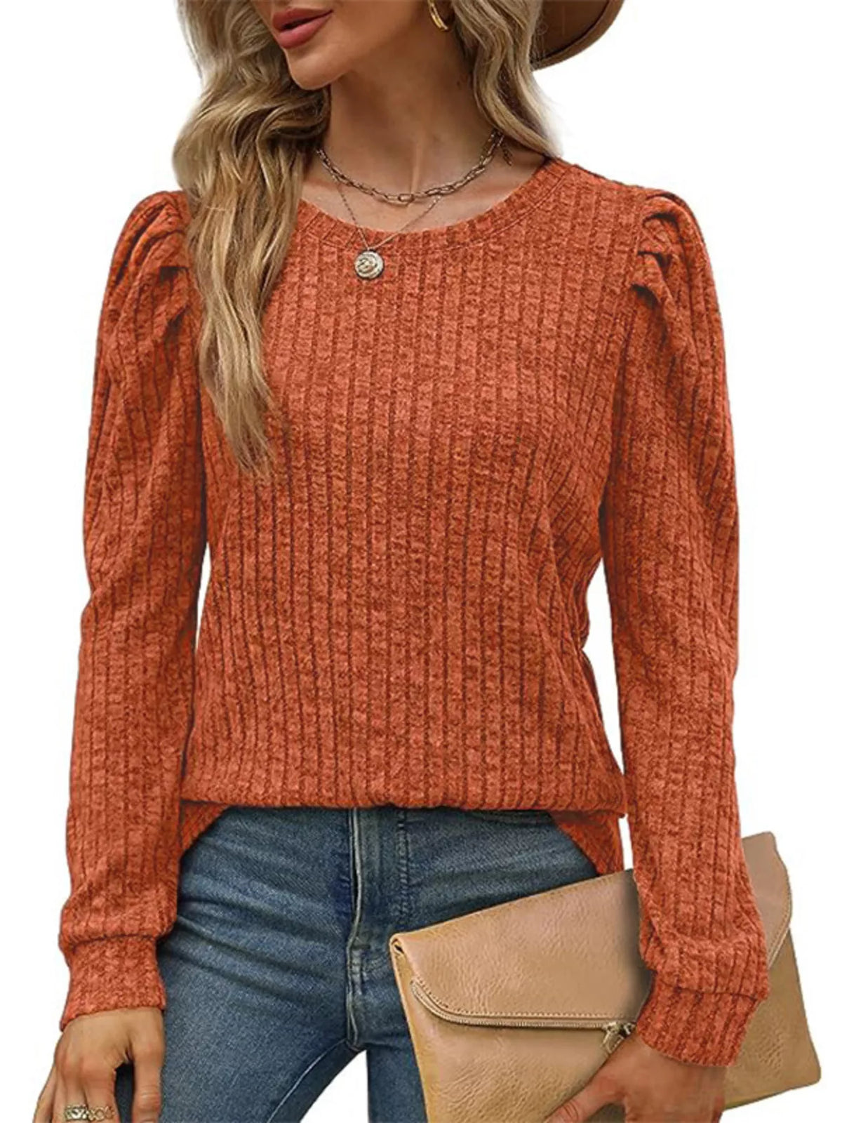 Ribbed Knit Top with Puff Sleeves