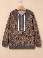 Ribbed Leopard Print Contrast Collar Zip Hoodie