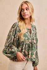 BiBi Printed Woven Front Tied Blouse with Baloon Sleeve