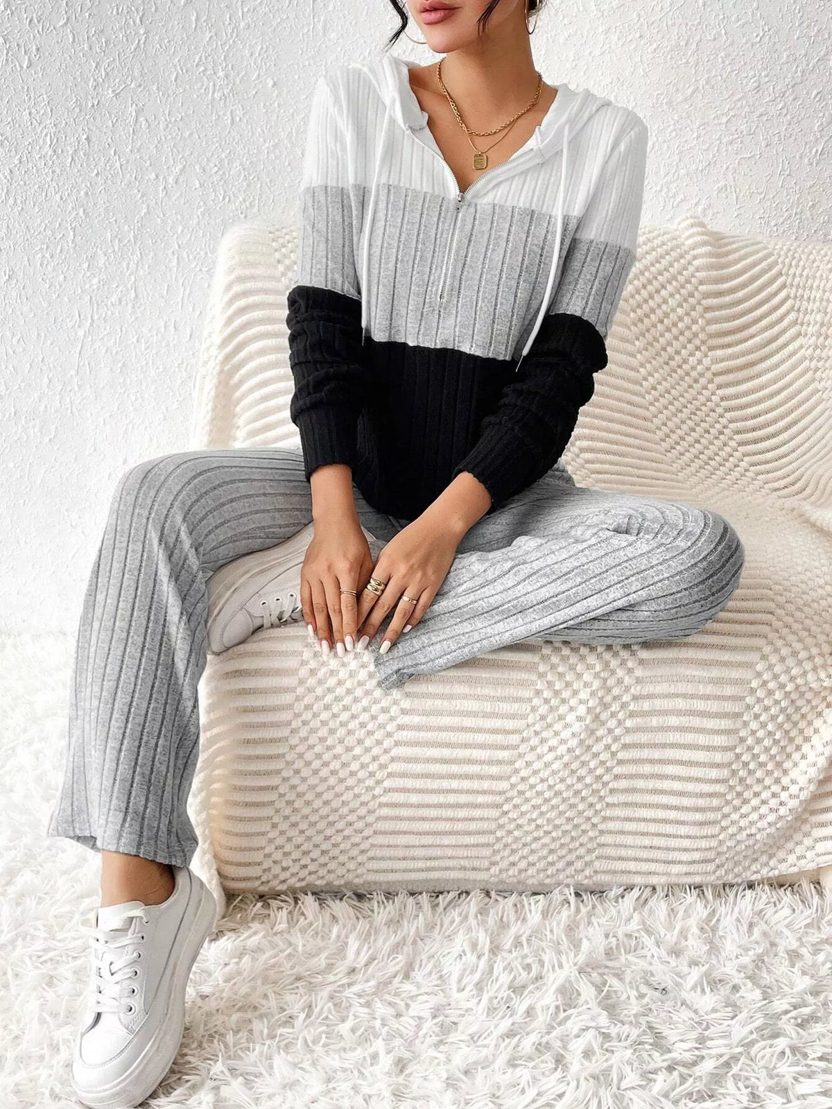 Color Block Half Zip Hooded Top and Pants Set