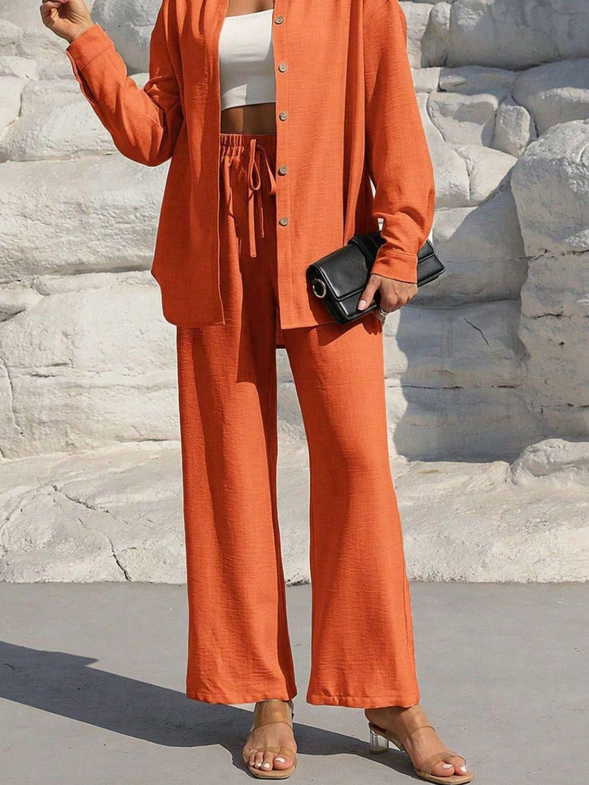 Button Up Long Sleeve Shirt and Pants Set