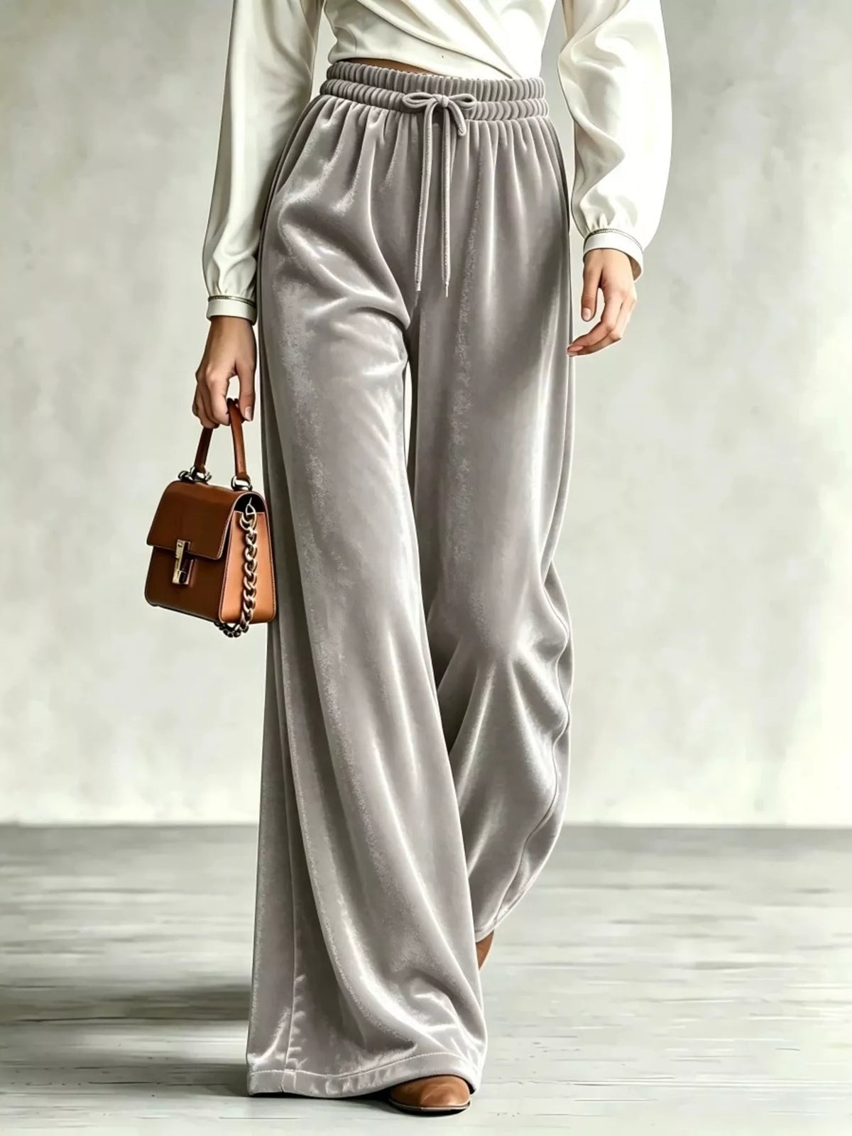 Velvet Wide-Leg Pants with Drawstring