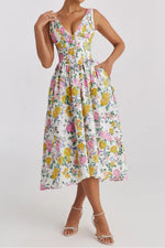 Floral V-Neck Sleeveless Midi Dress with Pockets