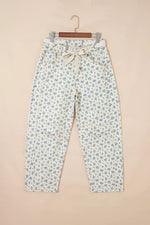 Grommet Knot Waist Floral Barrel Leg Jeans