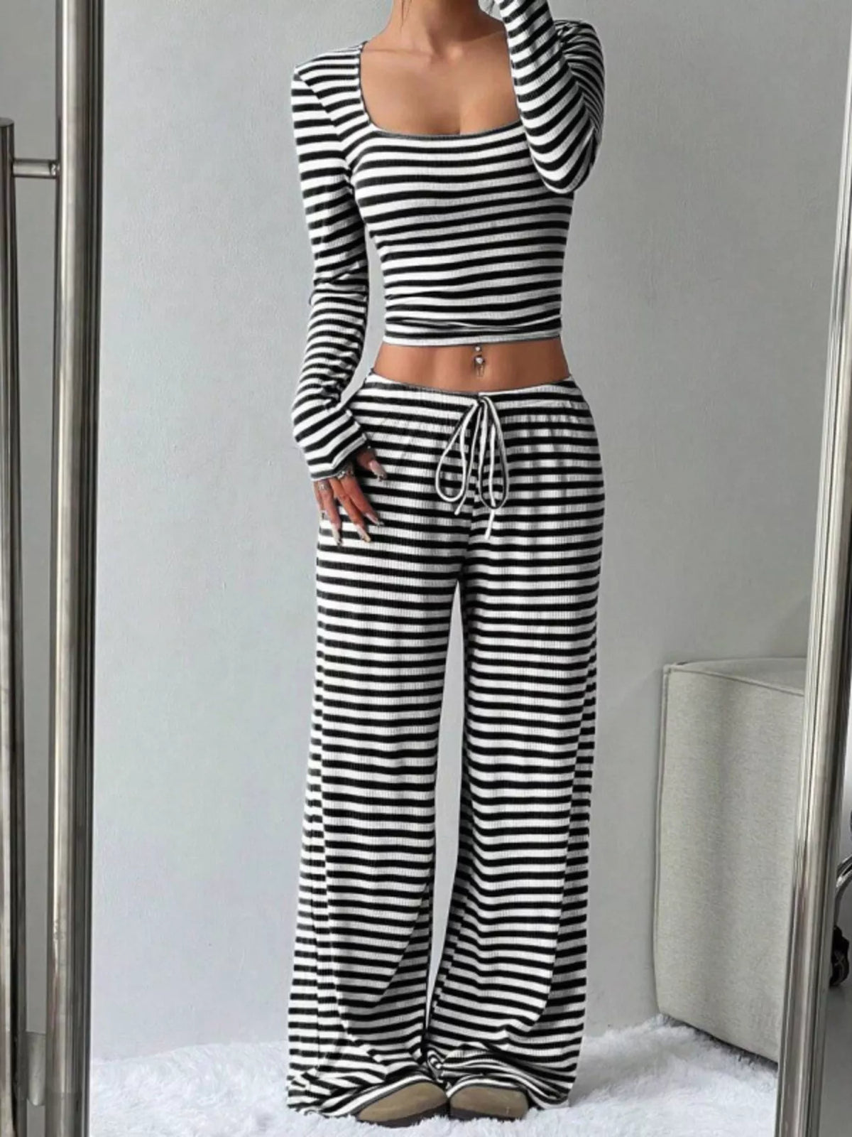 Striped Long Sleeve Crop Top & Wide Leg Pants Set